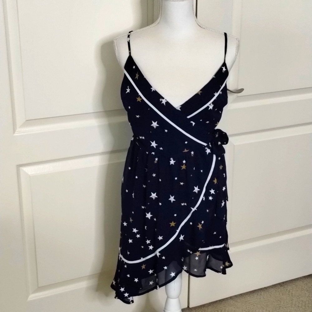 Women's Lush navy star printed summer dress asymmetrical small adjustable s…